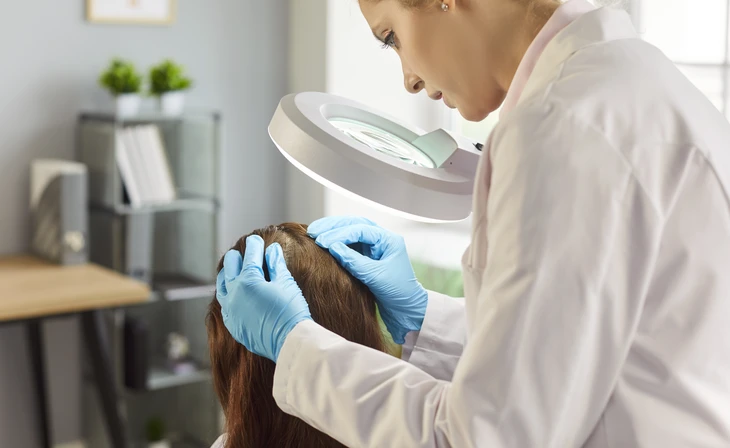 Int&eacute;rieur de salon de coiffure, mains de coiffeur professionnel coupant des cheveux blonds avec des ciseaux de coiffure, peigne tenu dans l'autre main