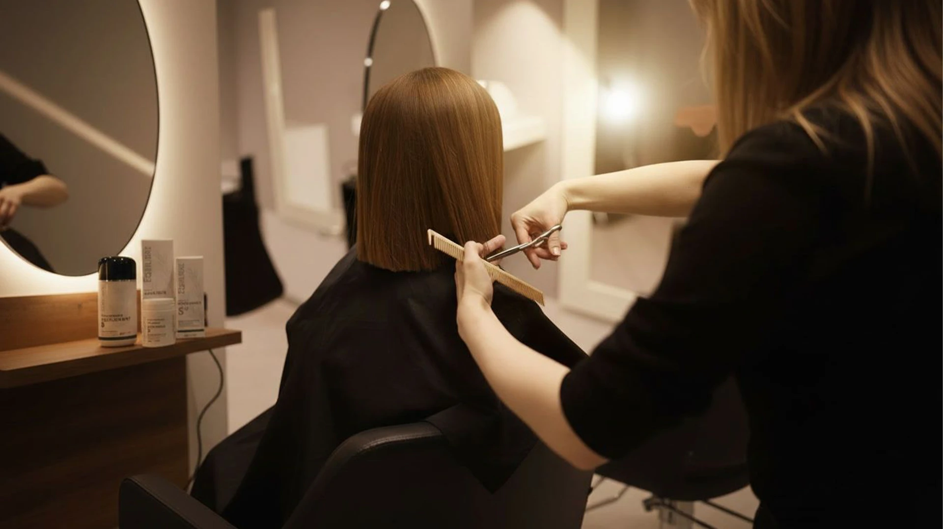Fond rose pastel avec deux perruques color&eacute;es - violette et rose corail - dispos&eacute;es face &agrave; face avec faux cils