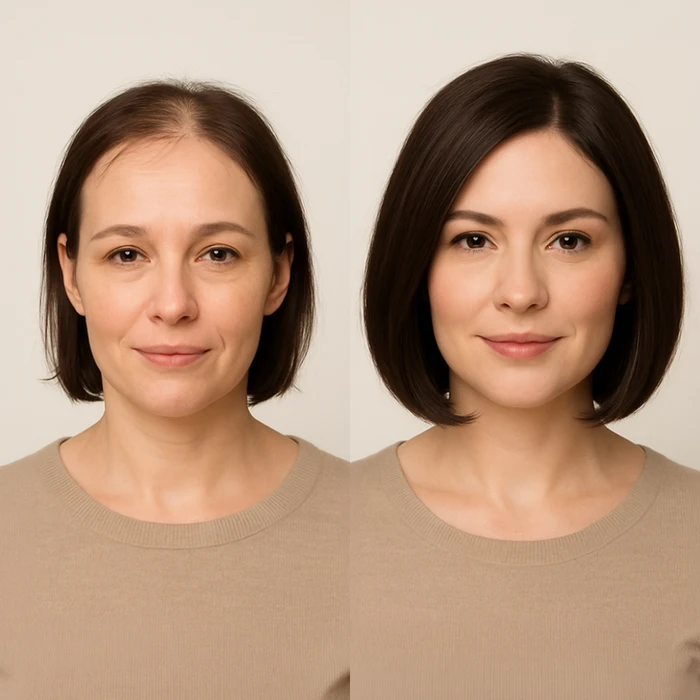 Intérieur salon de coiffure avec perruque blonde mi-longue dégradée présentée sur tête de mannequin en polystyrène blanc