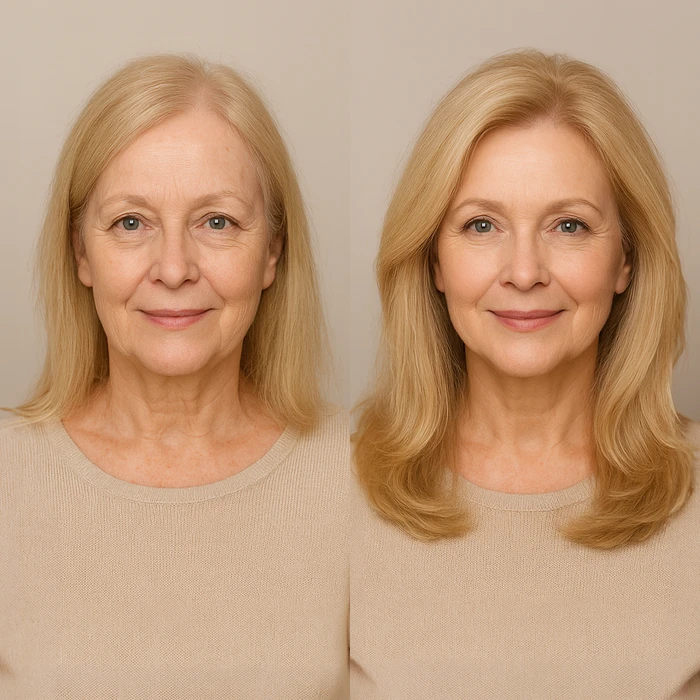 Intérieur salon de coiffure avec perruque blonde mi-longue dégradée présentée sur tête de mannequin en polystyrène blanc