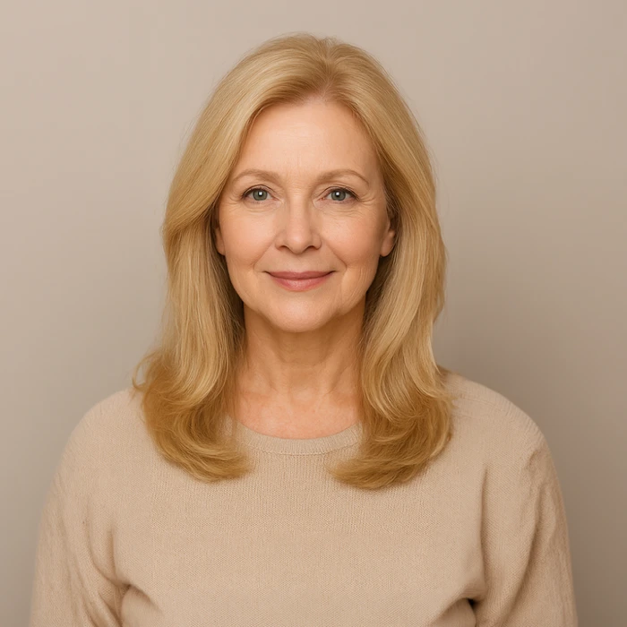 Femme souriante en intérieur portant un bandeau coloré à motifs floraux et un top noir à épaules dénudées